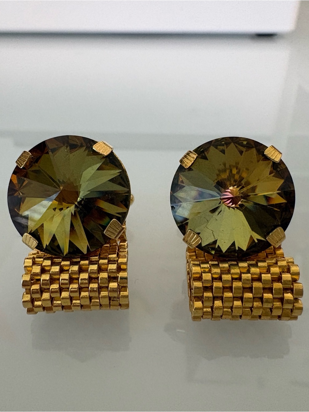 Vintage Gold Mesh Clip-On Earrings with Olive Green Crystal